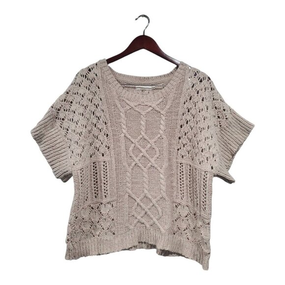 Prana Organic Cotton Patchwork Cable Knit Sweater Short Sleeve Beige Pink Sz L - Picture 1 of 14